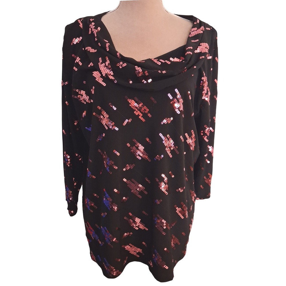 Notations Woman Black Sequin Cowl Neck Top Pink  Sparkle Blouse 18/20W